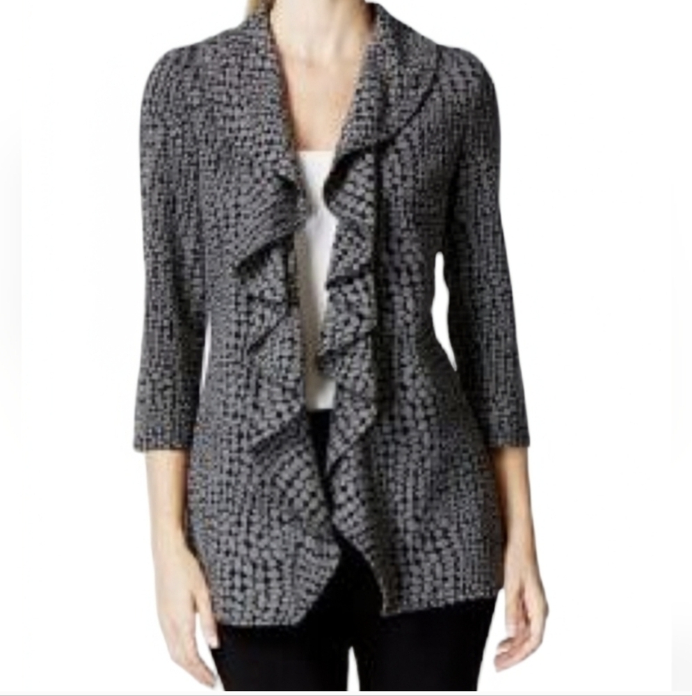 Calvin Klein Womens Blazer Open Cardigan Grey Black Leopard Print Ruffle Size 8